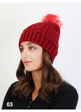 Snowy Knitted Hat W/ Pom Pom /Burgundy